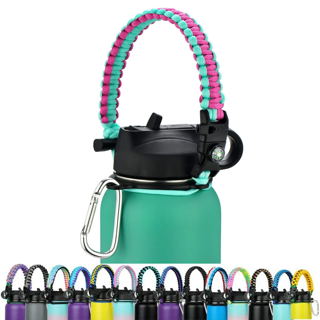 Paracord Handle - Fits Wide Mouth Bottles 12oz to 64oz - Durable Carrier, Paracord Carrier Strap Cord with Safety Ring,Compass and Carabiner - Ideal Water Bottle Handle Strap (Pink/Light Mint)