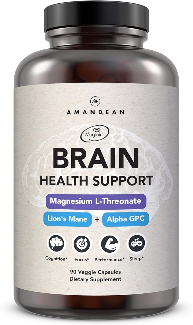 AMANDEAN Brain Health Supplement. Magnesium L-Threonate (Magtein), Lion's Mane Mushroom Extract, Alpha GPC Choline Complex. Nootropic Cognitive Support for Memory, Focus, Clarity. 90 Veggie Capsules.
