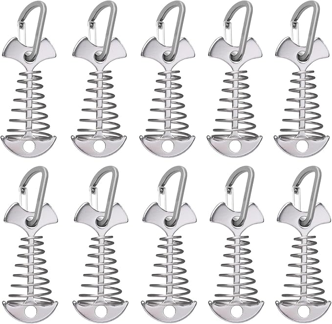 Fishbone Deck Anchor Pegs with Carabiners, Aluminium Deck Tent Stakes with Spring Buckle Aluminium Deck Windproof Tent Stakes for Outdoor Camping Hiking (10Pcs Silver)