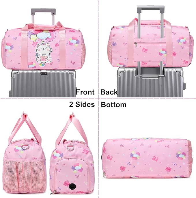 Duffle Bag Girls Kids Cute Cat Dance Bag Gym Bag with Shoes Compartment & Wet Separation Waterproof Sports Overnight Travel Bag