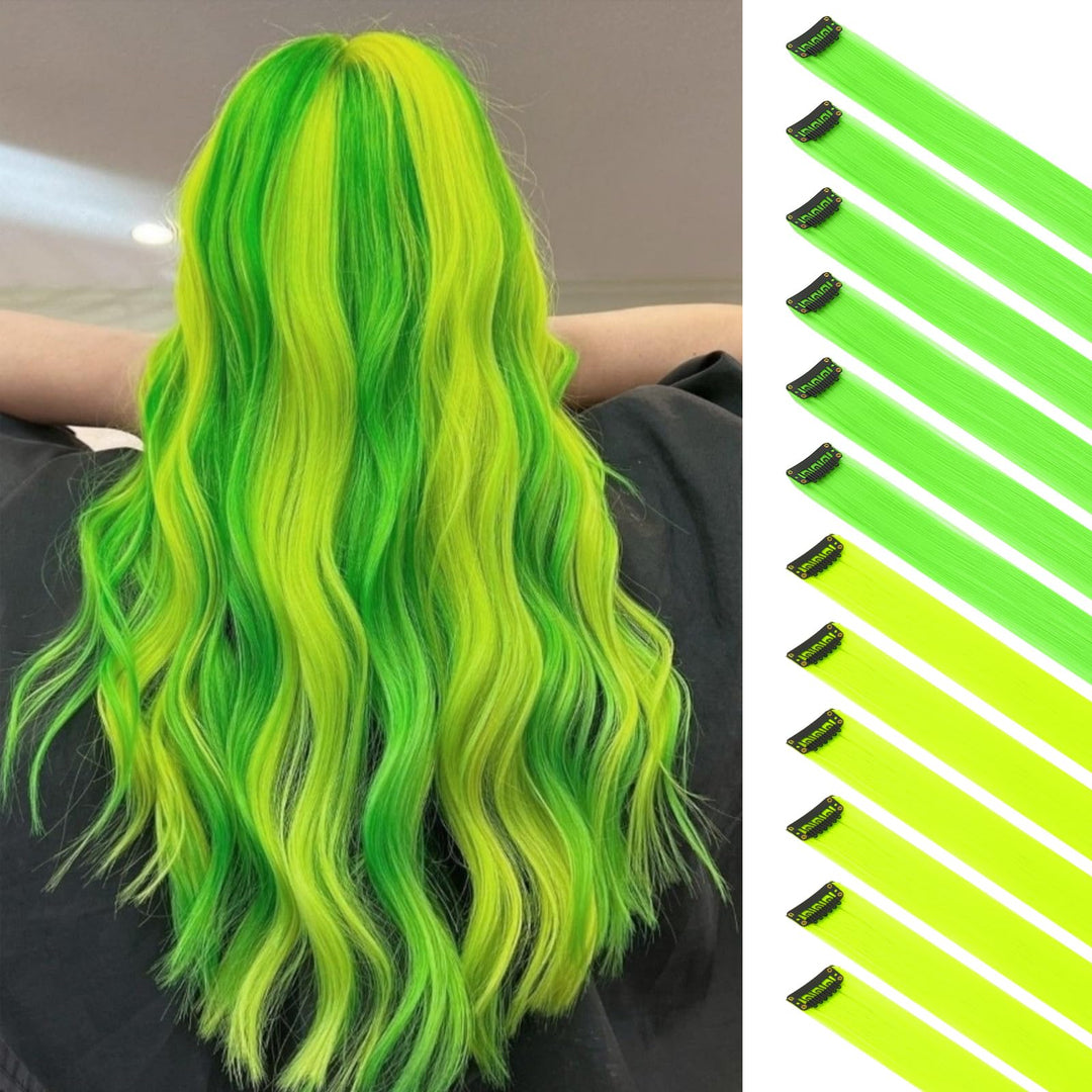 FESHFEN Colored Clip in Hair Extensions - 12 PCS Green and Yellow Highlighted Hair Piece Straight Synthetic Clip in Hairpieces for Women 22 inch