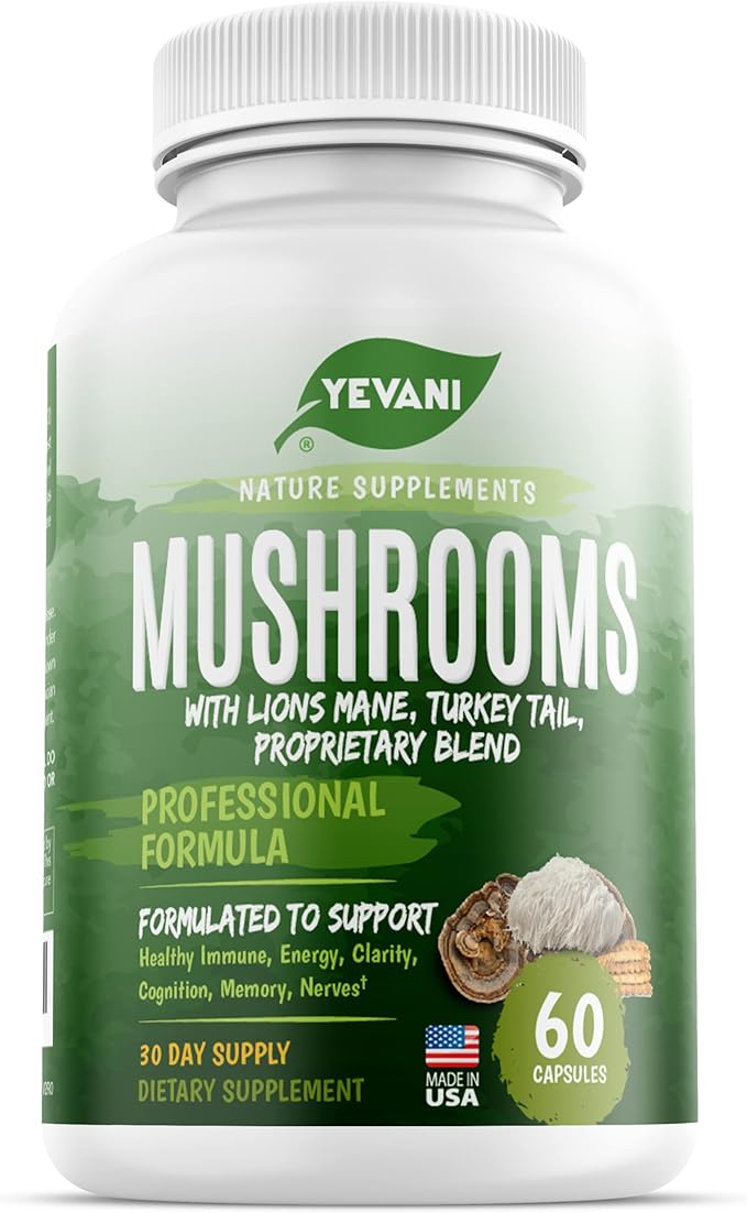 100% Pure Mushroom Supplement for Immune, Energy, Clarity, Cognition, Memory, Nerves Support - Lions Mane, Cordyceps, Reishi, Turkey Tail with Powerful Mushroom Blend