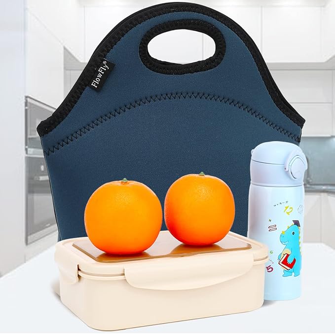 FlowFly Neoprene Kids Lunch box Insulated Soft Bag Mini Cooler Thermal Meal Tote Kit for Boys, Girls,Men,Women,School,Work, Office, Navy Blue