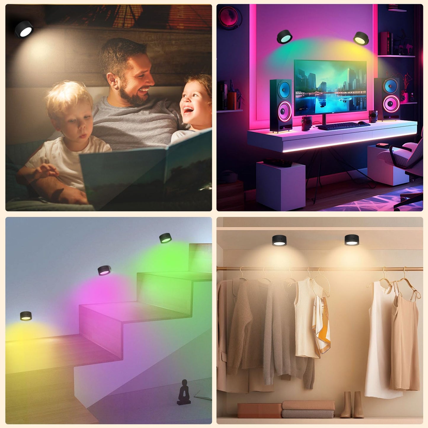 Battery Operated Wall Lamps, 2 PCS Rechargeable Wall Lights Indoor with 14 Color Modes 6 Brightness Levels, Wall Sconces 360° Free Rotation Remote&Touch Control for Bedroom Living Room Reading