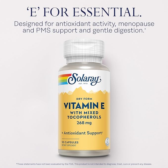 SOLARAY Vitamin E 400 IU (268mg), Dry Form with Mixed Tocopherols Vitamin E - Antioxidant Supplement, PMS and Menopause Support - 60-Day Guarantee, Lab Verified - 50 Servings, 50 Capsules