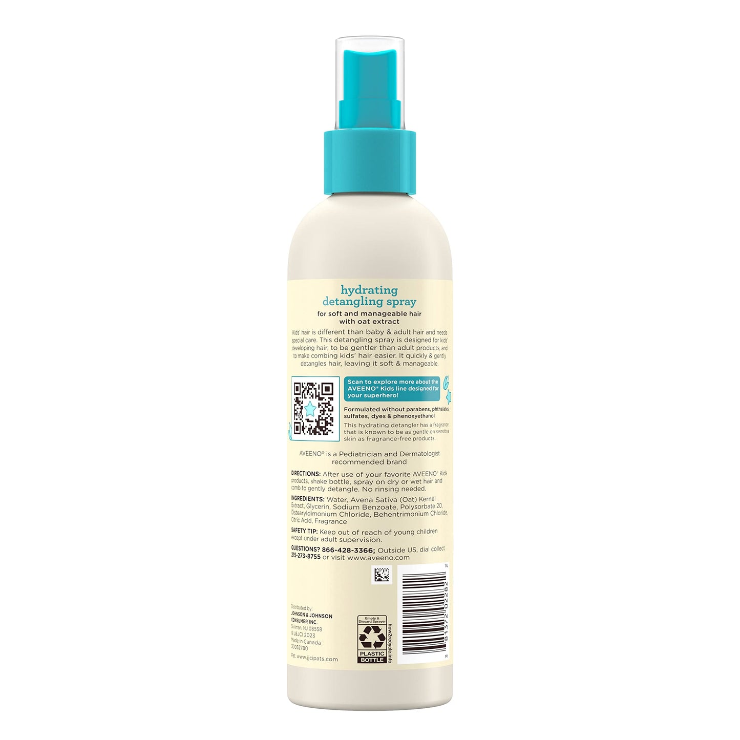 Aveeno Kids Hydrating Detangling Spray with Oat Extract, Quickly & Gently Detangles Kids' Hair, Tear-Free & Suitable for Skin & Scalp, Light Fragrance, Hypoallergenic, 10 fl. oz