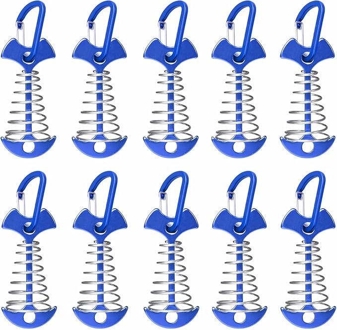 Fishbone Deck Anchor Pegs with Carabiners, Aluminium Deck Tent Stakes with Spring Buckle Aluminium Deck Windproof Tent Stakes for Outdoor Camping Hiking (10Pcs Blue)