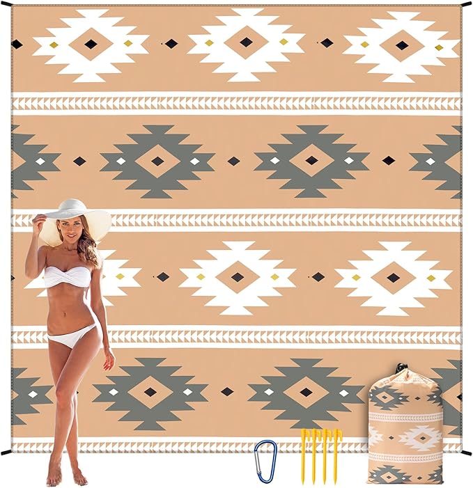 Beach Blanket, Sandproof Beach Mat, Waterproof Quick Drying Lightweight Outdoor Aztec Picnic Mat 79" X 83" for 2-4 Adults with Pocket for Travel, Camping, Hiking