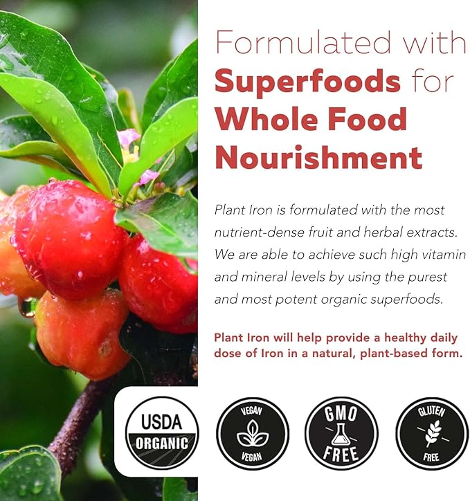 Organic Iron Supplement | Whole Food Iron & Cofactors, 25 mg Elemental Iron | Enhanced Absorption Plus Blood Builder Vitamins - Gentle Form - Support Healthy Iron Level & Blood Health - 90 Capsules