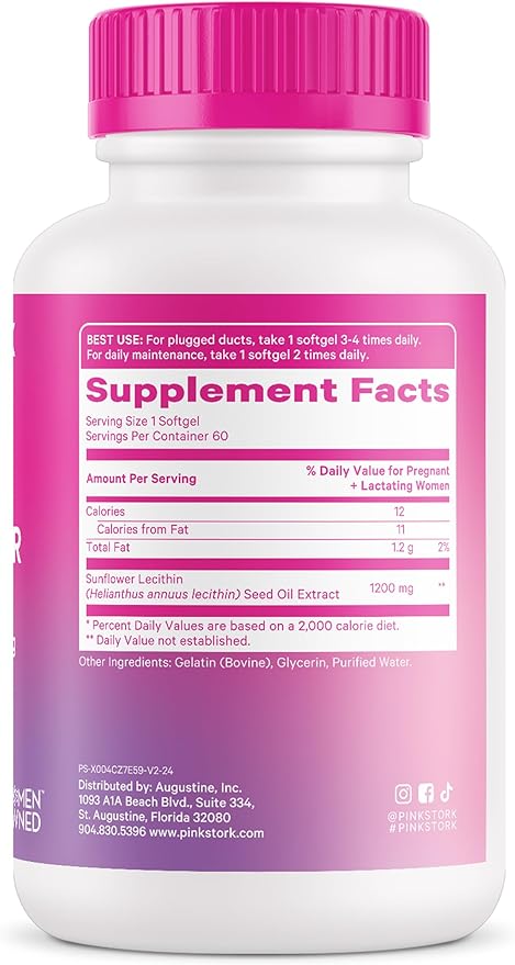 Pink Stork Sunflower Lecithin Supplement - 1200 mg for Clogged Milk Ducts - Breastfeeding Essentials for Postpartum Moms - Supports Breast Milk Flow - 60 Softgels