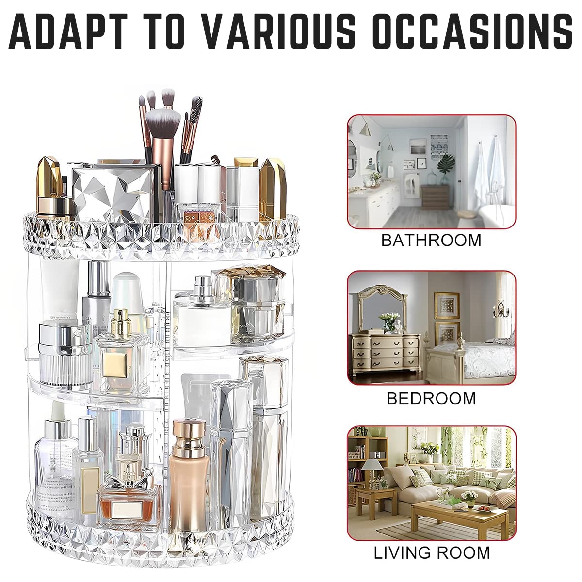 3 Tiers Rotating Makeup Organizer with Compartment 360° Rotating Makeup Stand Display Case Large Capacity Cosmetic Display Box Clear for Dresser Bathroom Skincare,Lipsticks,Makeup Brushes