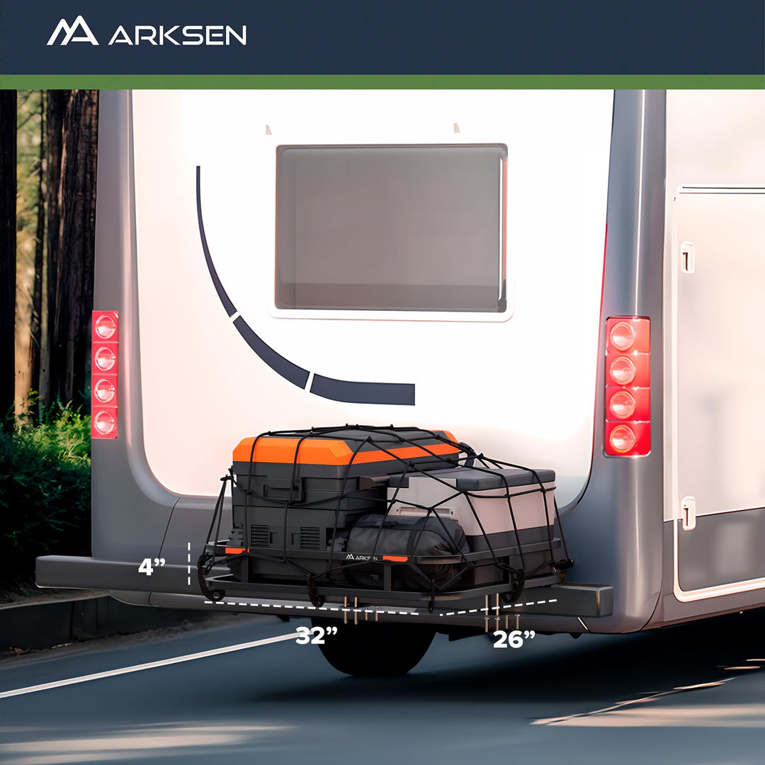 ARKSEN 32 x 26 Inch Bumper Mounted Cargo Rack Carrier with Nylon Net 350 Lbs Heavy Duty Capacity Luggage Basket Hitch Fold Up for RV, Camping, Traveling