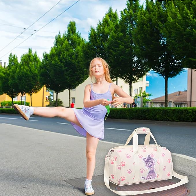 Dance Bag for Girls Sports Duffle Bag Teen Gym Bag Ballet Bag with Separate Dry Wet Pocket and Shoes Compartment Weekender Overnight Bag for Teen Girls Corduroy Sequined Cat（Cat Beige）