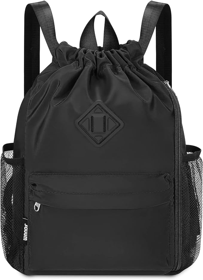 WANDF Drawstring Backpack Sports Gym Bag with Shoes Compartment, Water-Resistant String Backpack Cinch for Women Men (Small,Black)