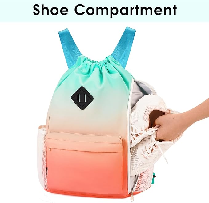 WANDF Drawstring Backpack Sports Gym Bag with Shoes Compartment, Water-Resistant String Backpack Cinch Bag for Women Men (Red-Green Gradient)