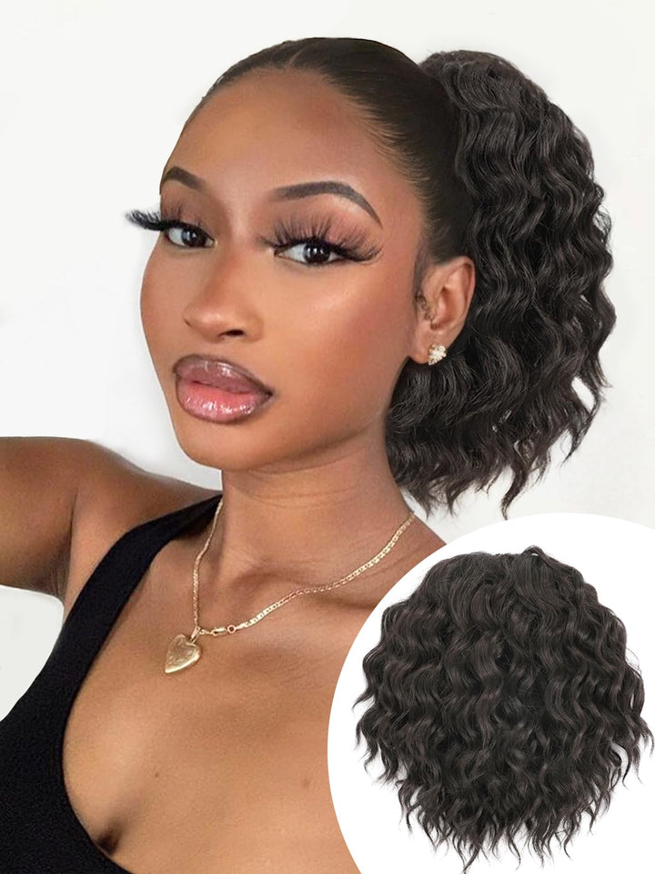 Isaic Ponytail Extension 8 Inch Short Wavy Curly Ponytails Drawstring Ponytail for Black Women Natural Black Pony Tails Hair Extensions Synthetic Hairpiece For Daily Use
