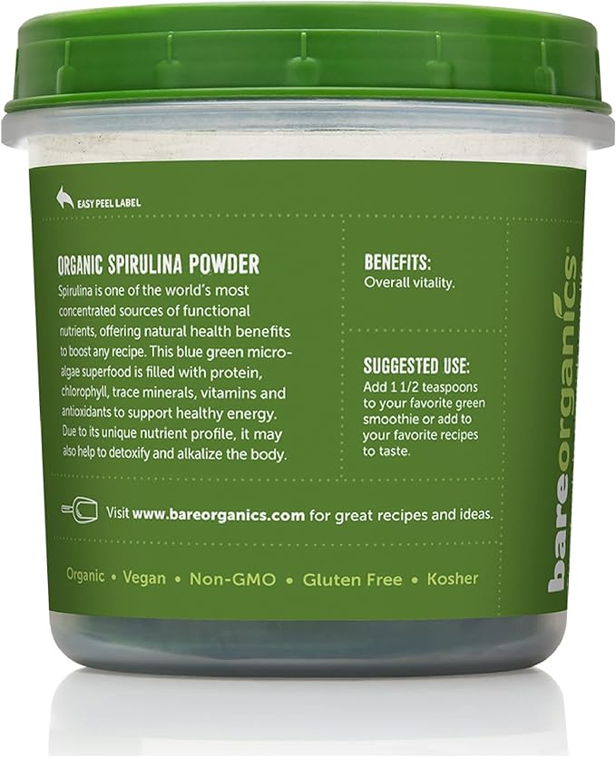 BareOrganics 13132 USDA Organic Raw Spirulina Powder, Whole Food Supplement, Gluten-Free & Non-GMO, 8 Ounce (Pack of 3)