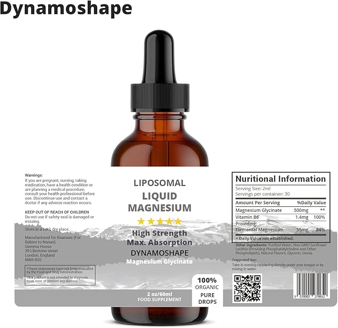 Baanaas Dynamoshape Magnesium Liposomal Supplement. Magnesium Glycinate. Magensium Supplement. 60ml. 2 Oz