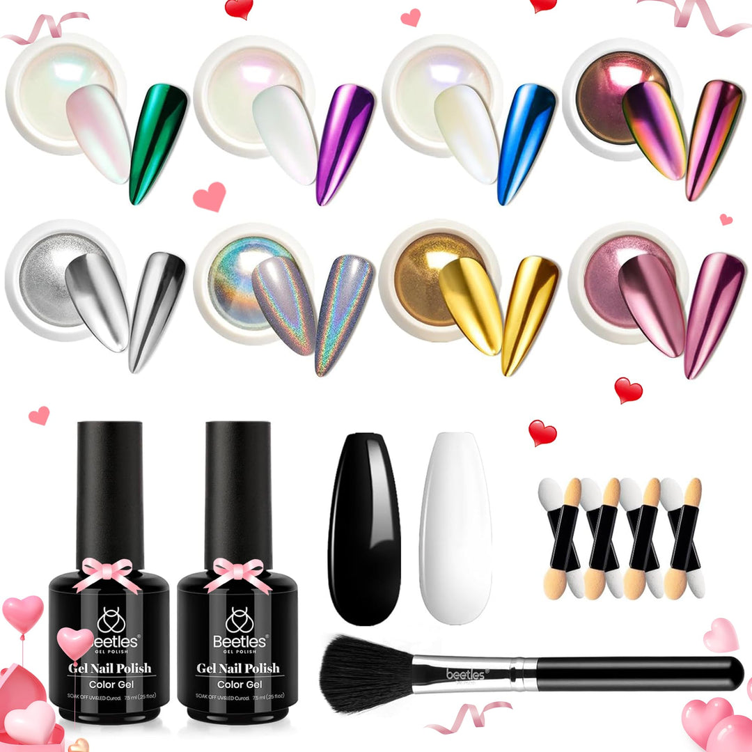 Beetles Metallic Chrome Nail Powder Kit Black White Colors Gel Polish Mirror Effect Holographic Metallic Nail Polish Chrome Mani