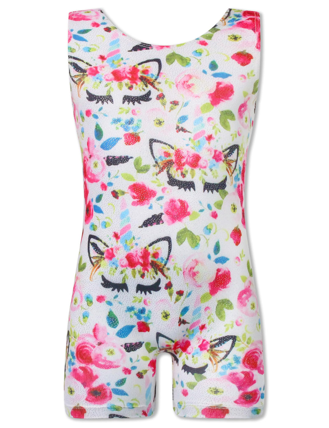 Girls Gymnastic Leotards with Shorts Size 7-8 Years Old Sparkly White Unicorn Flowers Print Sleeveless Biketards Fitted Tumbling Unitard