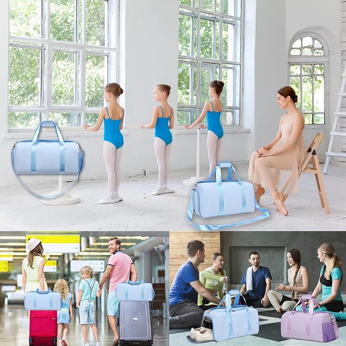 Duffel Bag for Girls Dance Ballet Sports Gym Bag Water Resistant Yoga Travel Bags with Shoes Compartment（Blue）