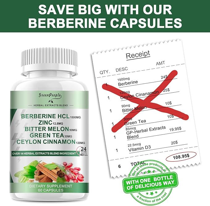 Berberine Supplement with Ceylon Cinnamon - Berberine 1500mg Activates AMPK & GLP-1 Berberine HCL Capsules with Bitter Melon/Artichoke Extracts & Natural Herbs for Immune Support 60 Count