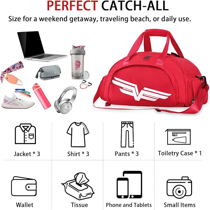 FIORETTO 30L Sports Gym Duffle Bag with Wet Pocket & Shoe Compartment, Weekender Hospital Overnight Bag for Women, Sports Holdall Backpack