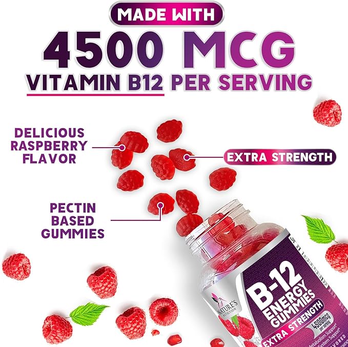B-12 Vitamin Energy Gummies - 4500mcg Extra Strength B12 Gummy Chewables for Energy Metabolism & Immune Support - Dietary Supplement for Women, Men, & Kids - Non-GMO, Vegan, Berry Flavor - 60 Count