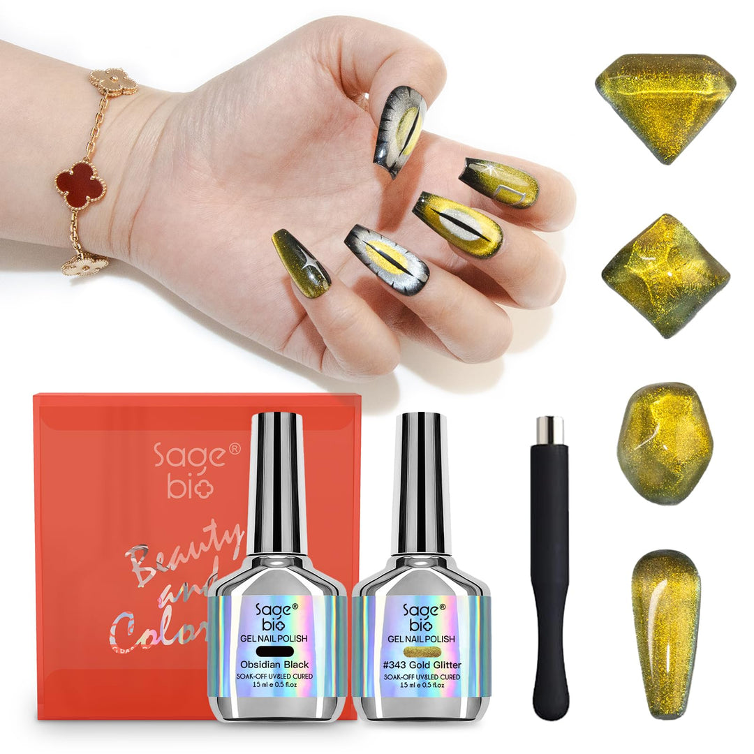 SAGEBIO 9D Cat Eye Gel Nail Polish Set, 15ml Black Gel + 15ml Gold Glitter Cat Eye Gel, Includes Silicone Handle Cylinder Magnetic Stick for Mesmerizing 9D Effects