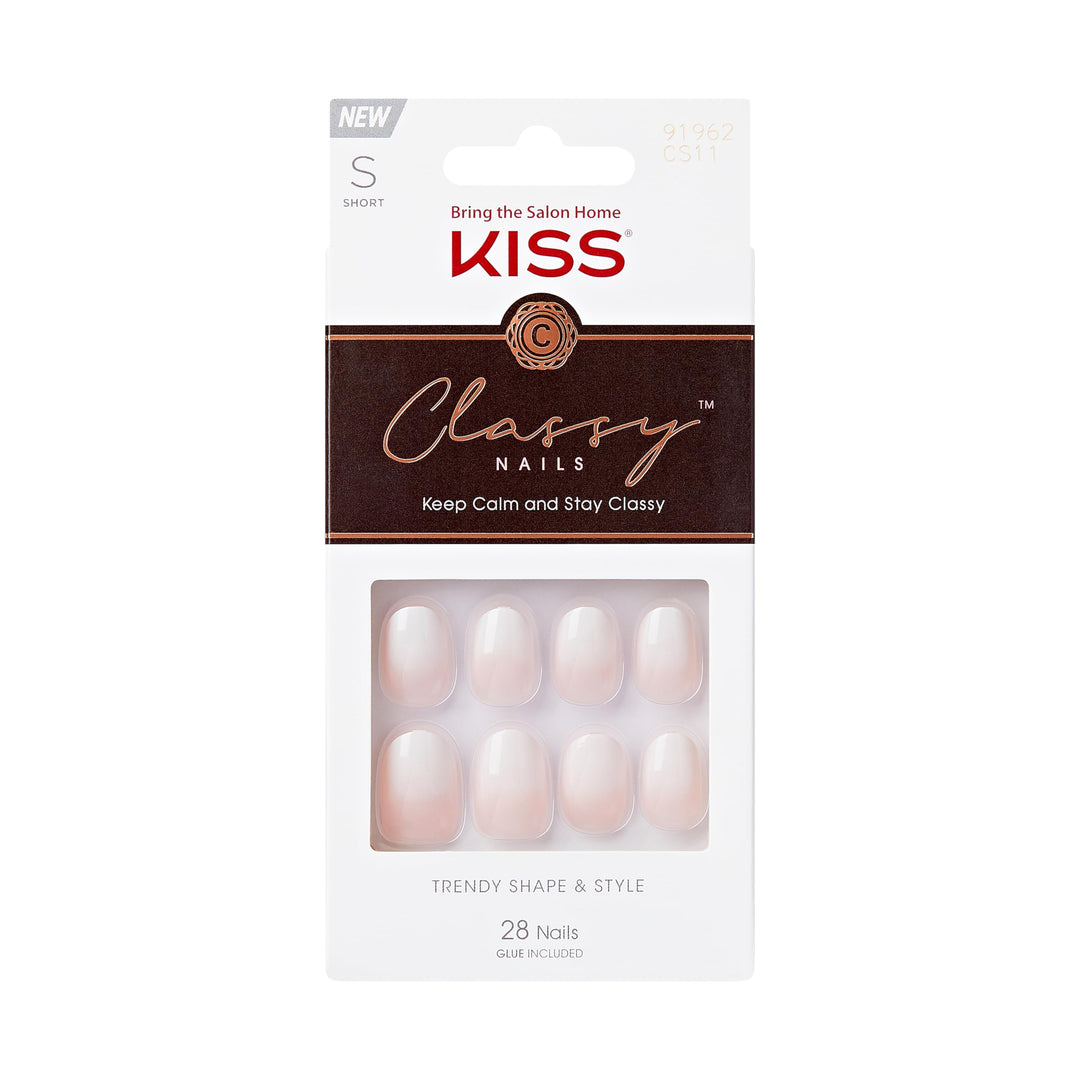 Kiss Classy, Press-On Nails, Nail Glue Included, 'Players', White, Short Size, Oval Shape, Includes 28 Nails, 2G Glue, 1 Manicur