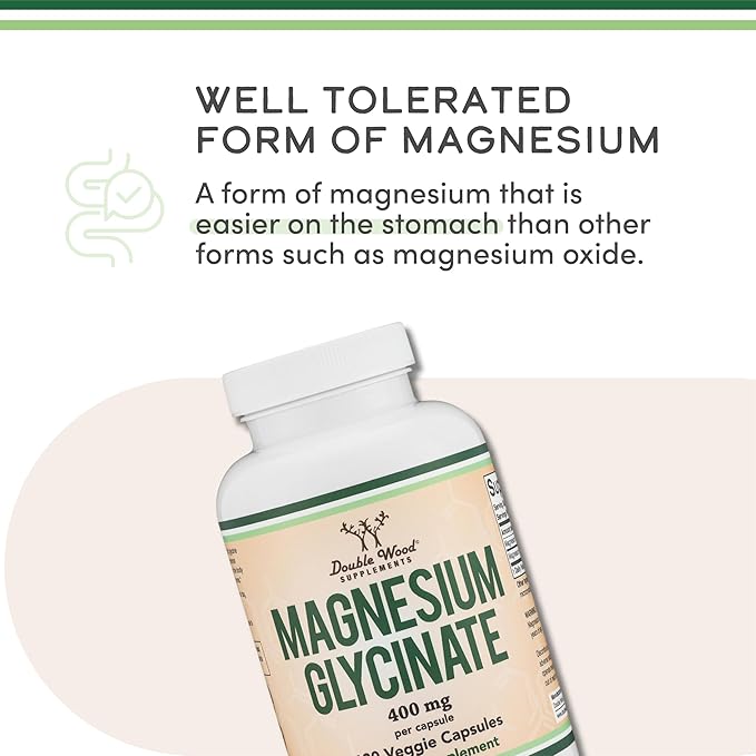 Magnesium Glycinate 400mg, 180 Capsules (Vegan Safe, Third Party Tested, Gluten Free, Non-GMO) High Absorption Magnesium by Double Wood Supplements