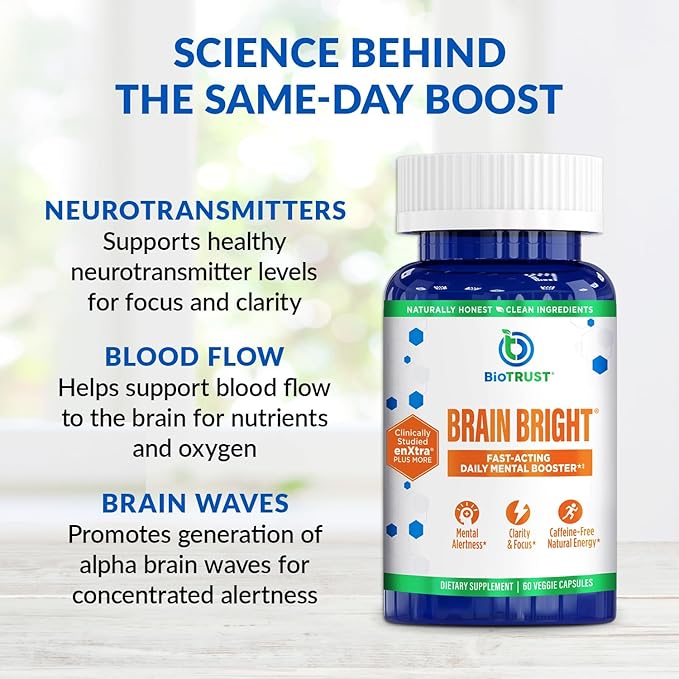 BioTrust Brain Bright – Daily Nootropic Boost for Focus, Concentration, Mental Clarity – Caffeine Free Nootropics Brain Support Supplement – Thai Ginger, Ginkgo, Folate, L-Theanine – 30 Servings