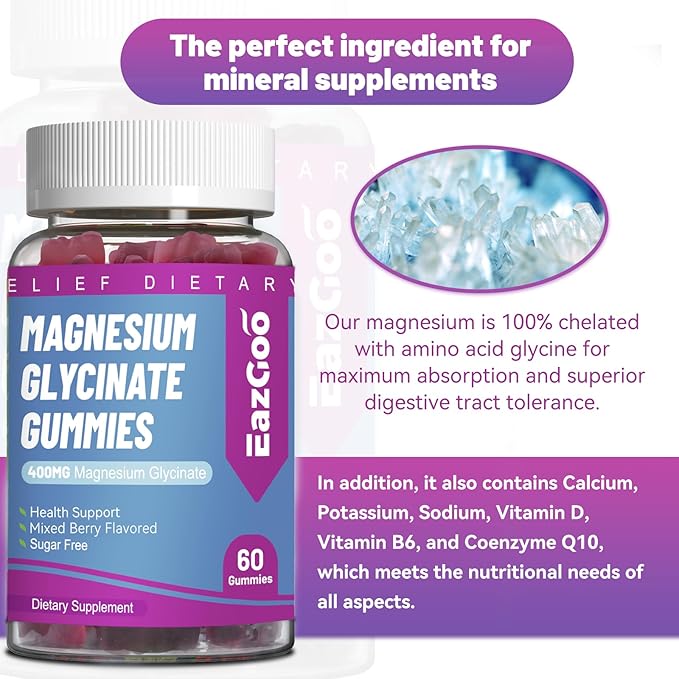 Magnesium Glycinate Gummies 400mg with L-Threonine 200mg - Sugar-Free Magnesium Potassium Supplement with Vitamin D, B6, CoQ10 for Muscle - 60 Mixed Berry Flavored Gummies