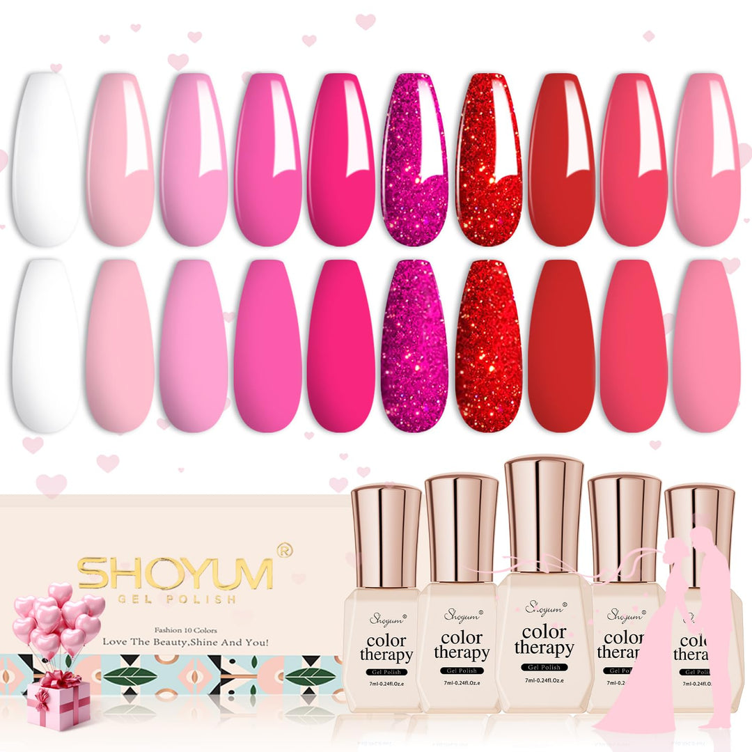 Shoyum Pink Gel Nail Polish Set, Light/Hot Pink Cherry Blossom Strawberry All Seasons Soak Off Long Lasting Romantic 10 Colors S
