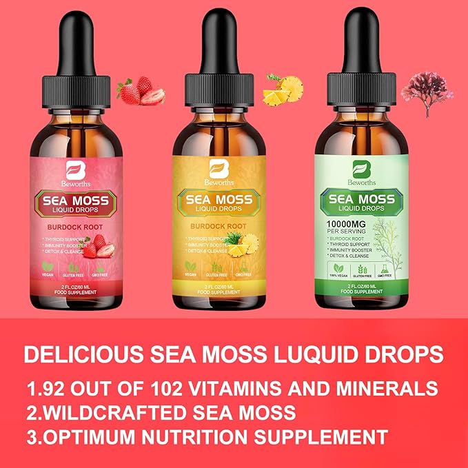 Sea Moss Liquid Drops - Organic Irish Sea Moss Gel with Spirulina, Bladderwrack, Burdock Root, Seamoss Gel Supplement for Joint, Gut Cleanse & Digestion Support - 2 Fl Oz, Vegan