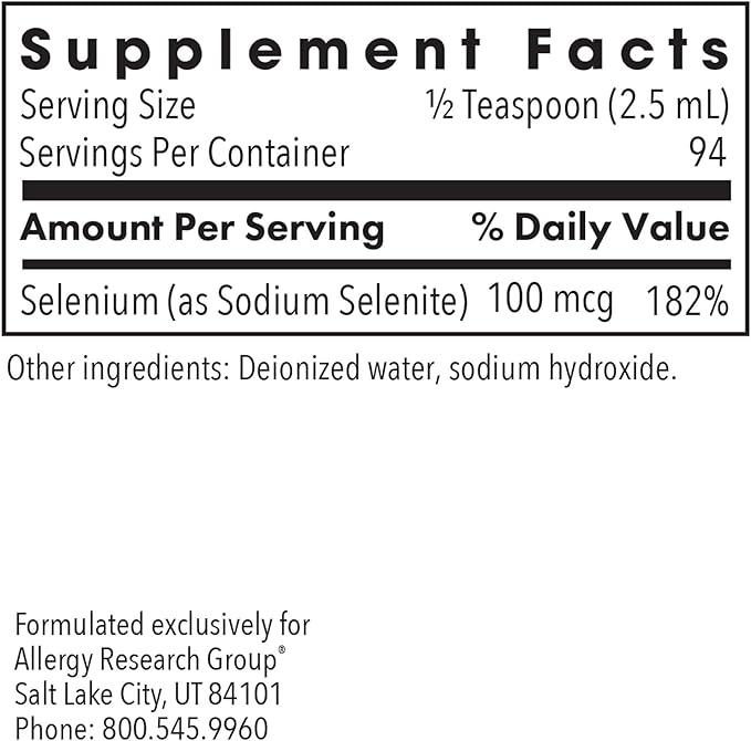 Allergy Research Group Selenium Solution - Well-Absorbed Selenium Liquid, Pure Sodium Selenite, Thyroid Support, Antioxidants, 100 mcg Supplement, Hypoallergenic - 8 Fl Oz
