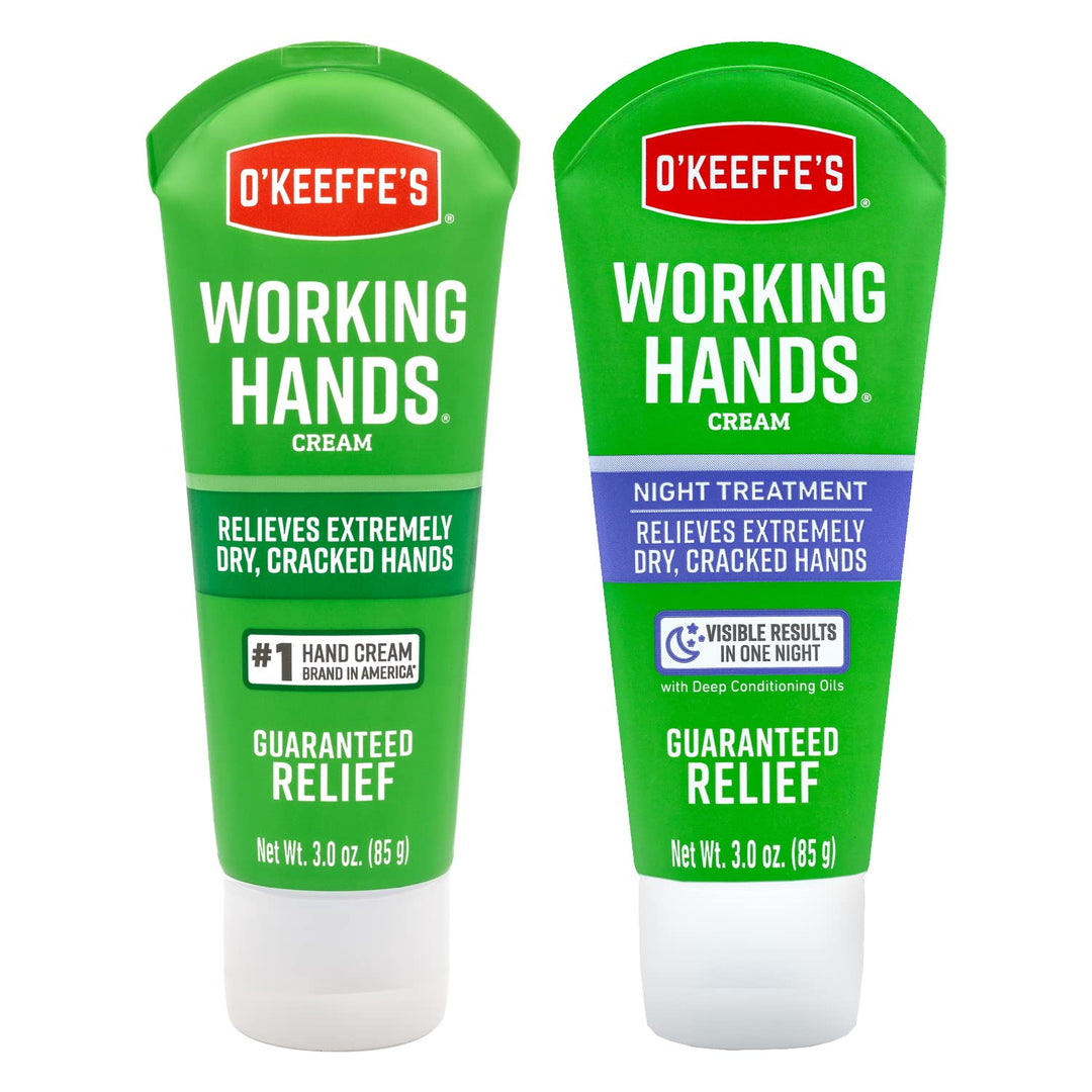 O'Keeffe's Working Hands Hand Cream Plus Night Treatment Cream Bundle - 3 oz Tubes (2 total) - Repairing Skincare for Cracked, Dry Hands
