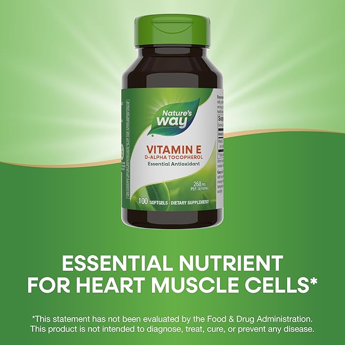 Nature’s Way Vitamin E D-Alpha Tocopherol - 268 mg per serving - Antioxidant – Essential Nutrient for Heart Muscle Cells* - Gluten Free - 100 Softgels
