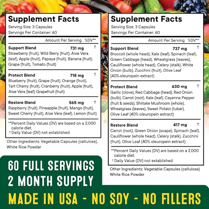 Superfood Fruit and Veggie Supplement - 360 Whole Super Fruit and Vegetable Supplements & Vitamin, Natural Energy Levels, with Olive Leaf Soy Free- 180 Count (Pack of 2)