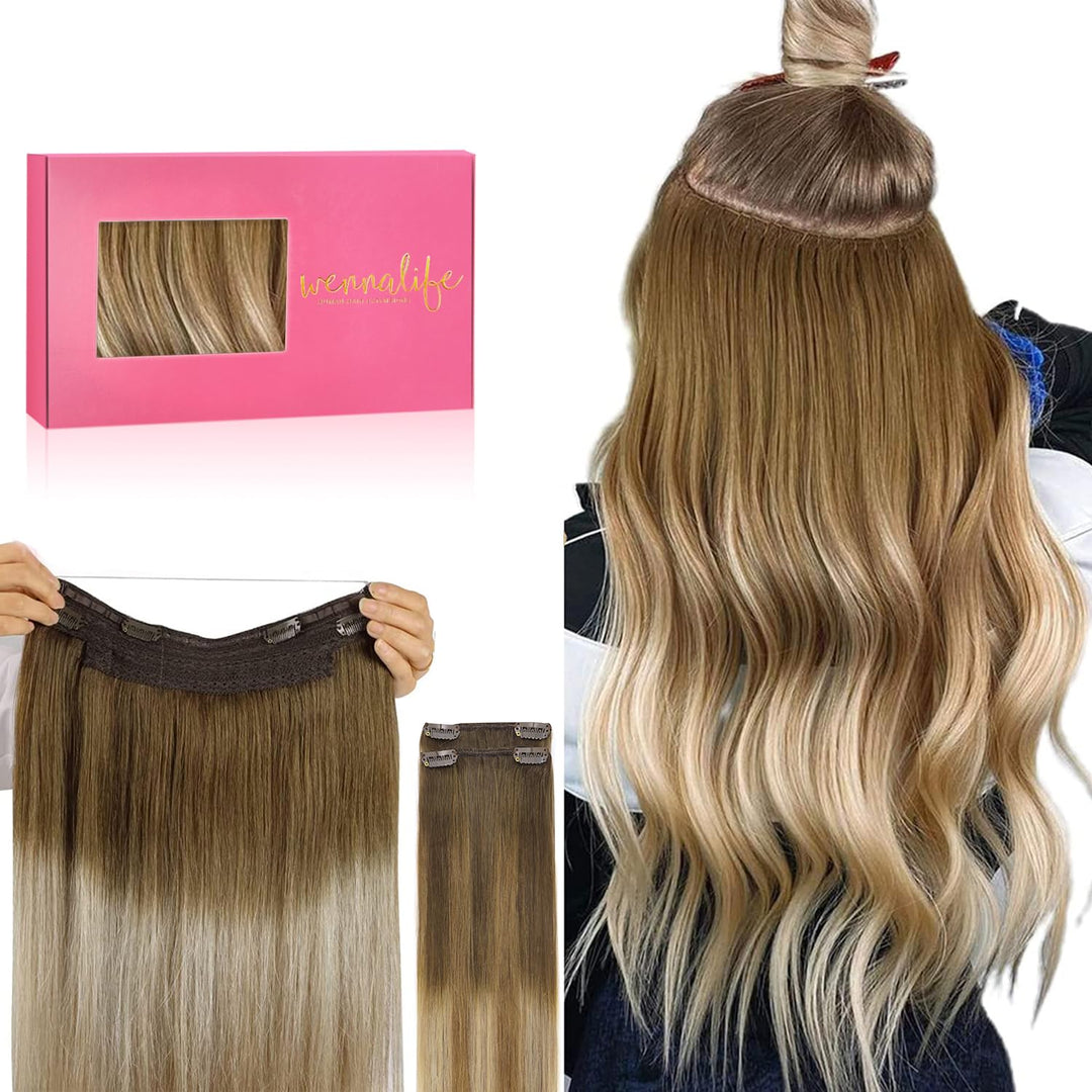 Wennalife Wire Hair Extensions (Increase 50% Lifespan) Real Human Hair 14 Inch 105G Ombre Walnut Brown To Ash Brown Bleach Blond
