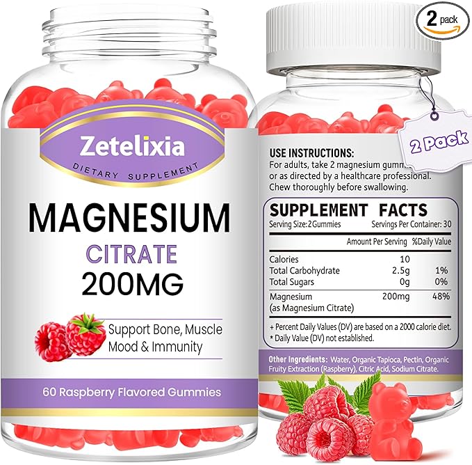 2 Pack Magnesium Citrate Gummies, High Absorption Magnesium Gummies for Adults, Muscle & Teeth Support, 60 Vegan Natural Raspberry Gummies