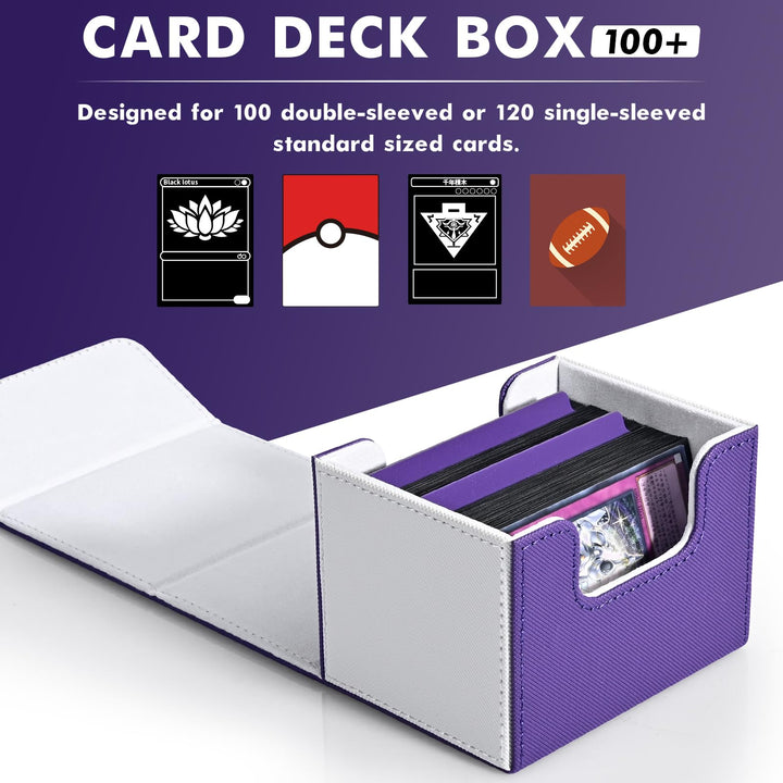 ZLCA Card Deck Box for Trading Cards, MTG Commander Deck Box Holds 120+ Single Sleeved Cards, Leather Magnetic Card Storage Box Fits for TCG CCG Magic Cards (White& Purple)