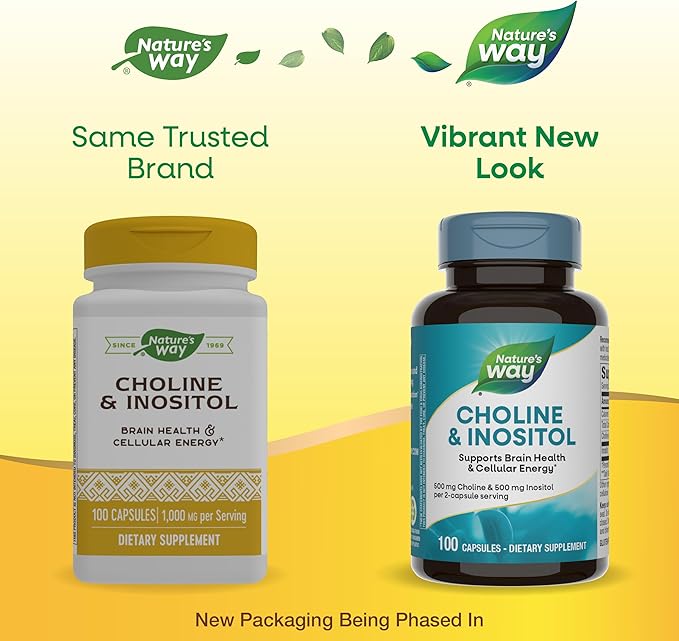 Nature's Way Choline & Inositol, Supports Brain Health & Cellular Energy*, 500 mg Choline & 500 mg Inositol per 2-capsule serving, Gluten Free, 100 Capsules (Packaging May Vary)