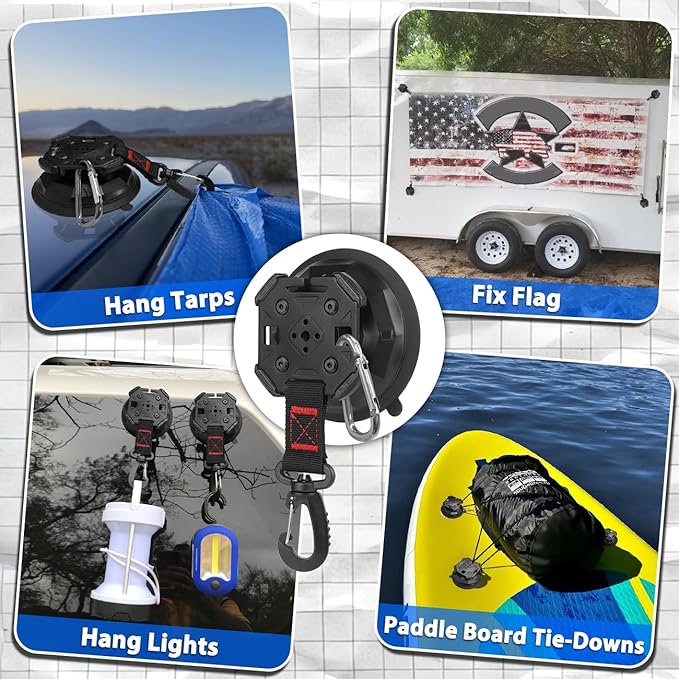 4PCS Upgrade Heavy Duty Rotating Vacuum Suction Cups Anchor Hooks With 4PCS Buckles ,Large Hook Suction Cup Hangers,Strong Suction Cup Hook for RV Awning Camping Outdoor,Window Suction Cups With Hook