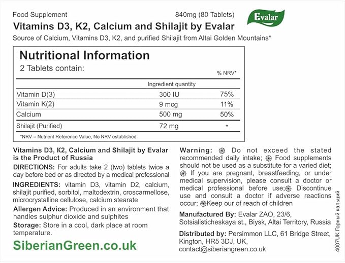 Evalar Mountain Calcium with Vitamins Siberian Herbs and Shilajit Golden 80 Tabs