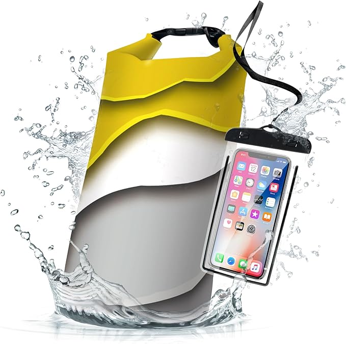 Yellow Gray Geometric Modern Waterproof Backpack 5L/10L/20L Floating and Lightweight for Kayaking, Boating, Fishing, Swimming and Camping with Waterproof Phone Case