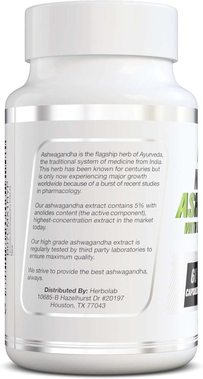 Ashwagandha KSM 66 15:1 with Black Pepper Extract (Higher Absorption) Max Potency Full Spectrum 5+% Withanolides