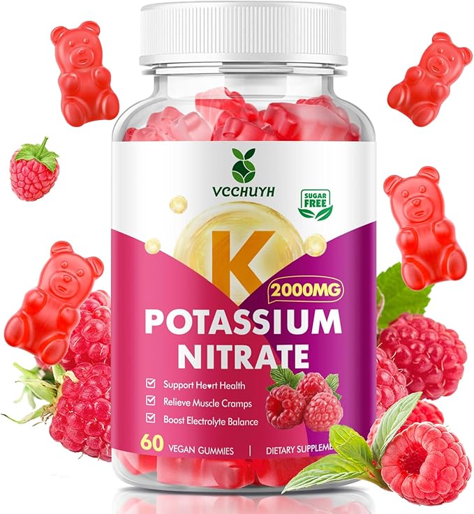 Potassium Gummies for Women & Men, High Dose Potassium Supplement 2000mg Supports Muscle Cramps & Electrolyte Balance, Raspberry Flavor 60 Count