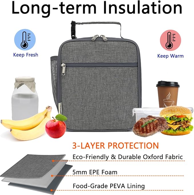 Lunch Box for Kids Boys Girls Men Women, Insulated Small Soft Cooler Lunch Bag Kit for School Work Picnic Travel - Reusable Portable lunchbox, Grey