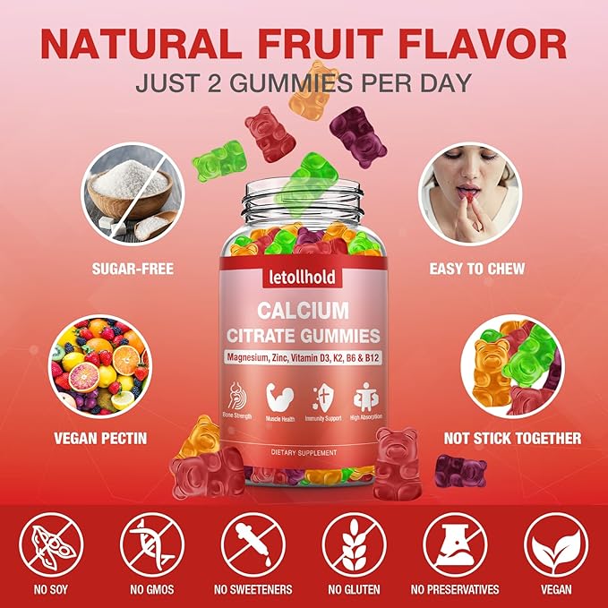 4 Packs Calcium Citrate Gummies for Kids & Adults, Sugar Free, Calcium Supplements with Vitamin D3, K2, Magnesium,Support Bone & Muscle